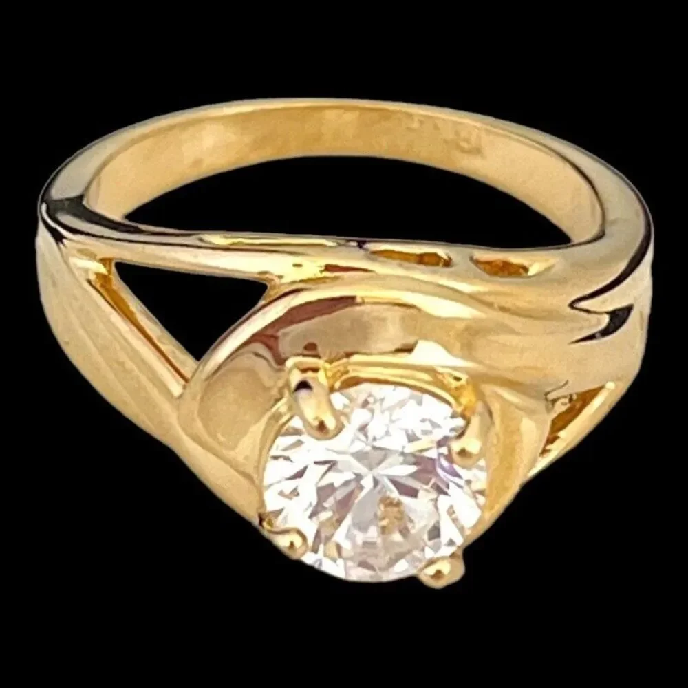 Vintage 1970s Ring Size 8 CZ Solitaire Openwork Gold Plated Band - 14R